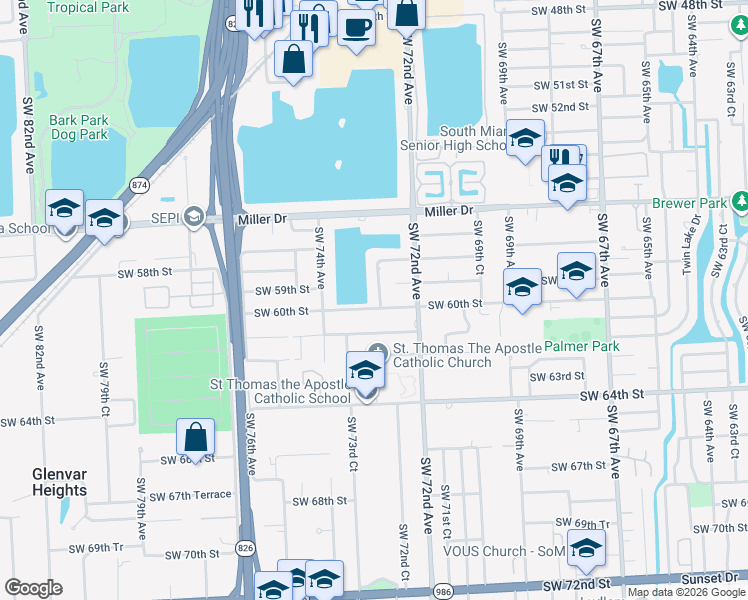 map of restaurants, bars, coffee shops, grocery stores, and more near 5921 Southwest 73rd Avenue in Miami