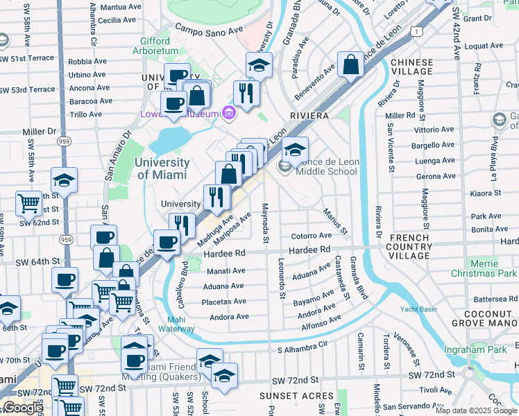 map of restaurants, bars, coffee shops, grocery stores, and more near 5830 Maynada Street in Coral Gables