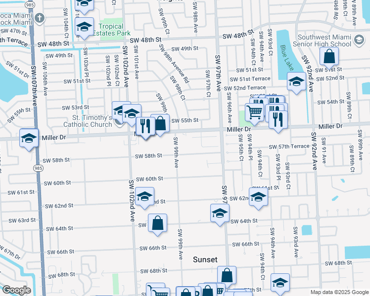 map of restaurants, bars, coffee shops, grocery stores, and more near 9825 Southwest 58th Street in Miami