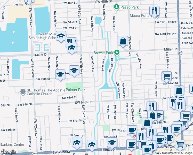 map of restaurants, bars, coffee shops, grocery stores, and more near 6004 Southwest 64th Place in South Miami