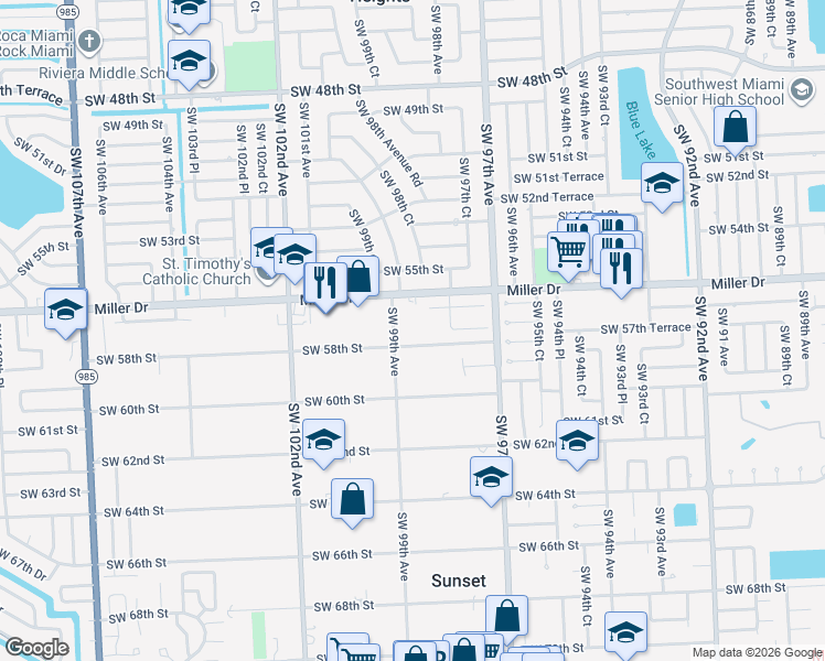 map of restaurants, bars, coffee shops, grocery stores, and more near 9825 Southwest 58th Street in Miami