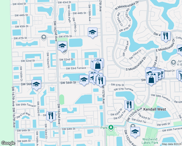 map of restaurants, bars, coffee shops, grocery stores, and more near 5472 Southwest 158th Court in Miami