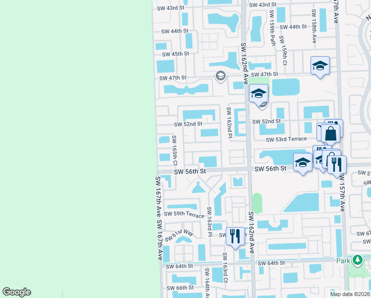 map of restaurants, bars, coffee shops, grocery stores, and more near 16445 Southwest 54th Terrace in Miami