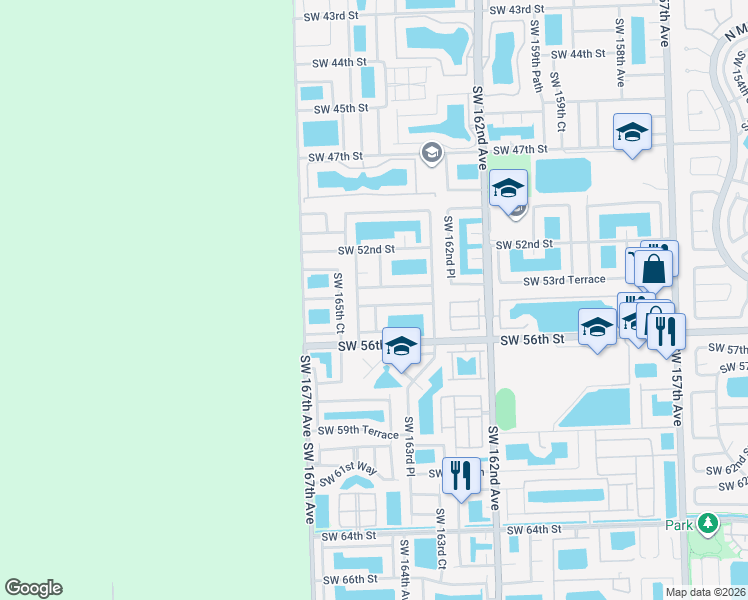 map of restaurants, bars, coffee shops, grocery stores, and more near 16445 Southwest 54th Terrace in Miami