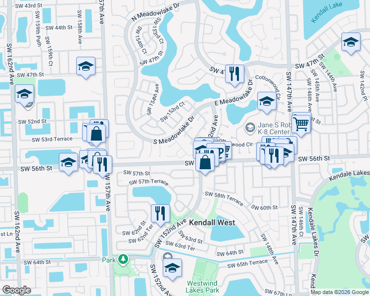 map of restaurants, bars, coffee shops, grocery stores, and more near 5440 Southwest 153rd Avenue Road in Miami