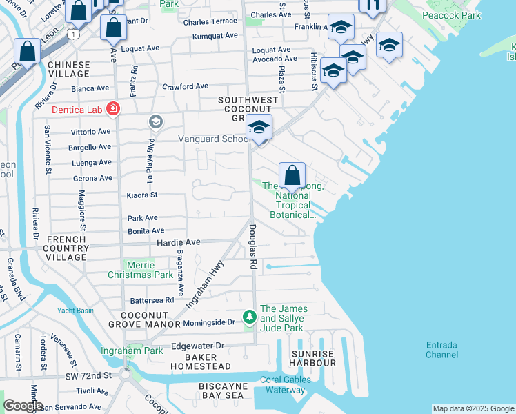 map of restaurants, bars, coffee shops, grocery stores, and more near 4131 Douglas Road in Miami