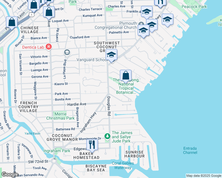 map of restaurants, bars, coffee shops, grocery stores, and more near 4131 Douglas Road in Miami
