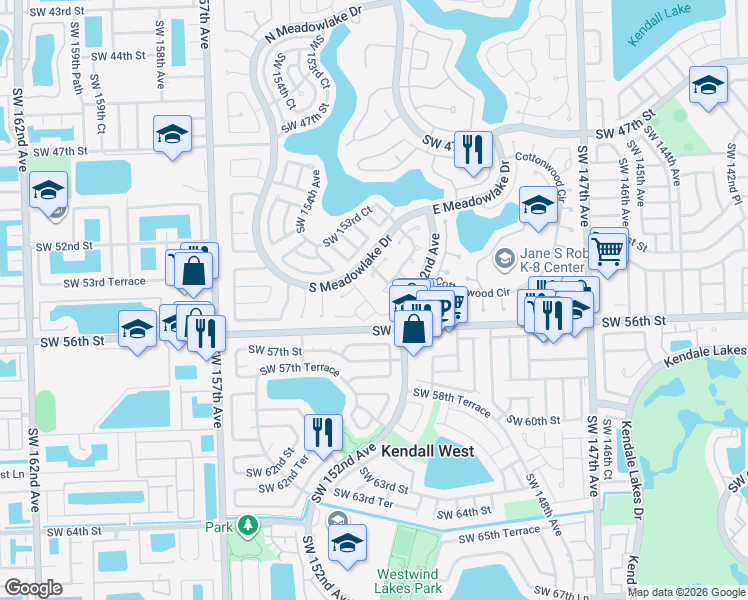 map of restaurants, bars, coffee shops, grocery stores, and more near 5440 Southwest 153rd Avenue Road in Miami