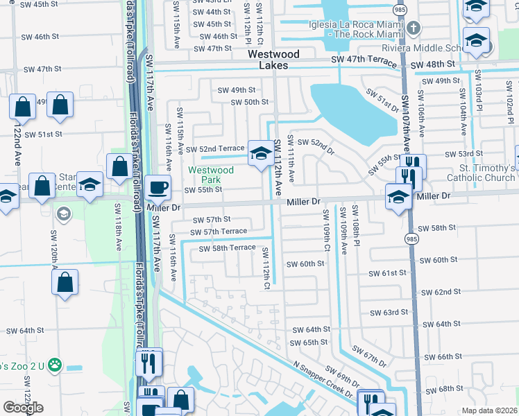 map of restaurants, bars, coffee shops, grocery stores, and more near 5610 Southwest 112th Court in Miami