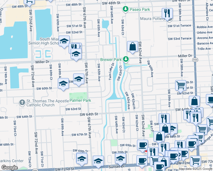 map of restaurants, bars, coffee shops, grocery stores, and more near 6004 Southwest 64th Place in South Miami