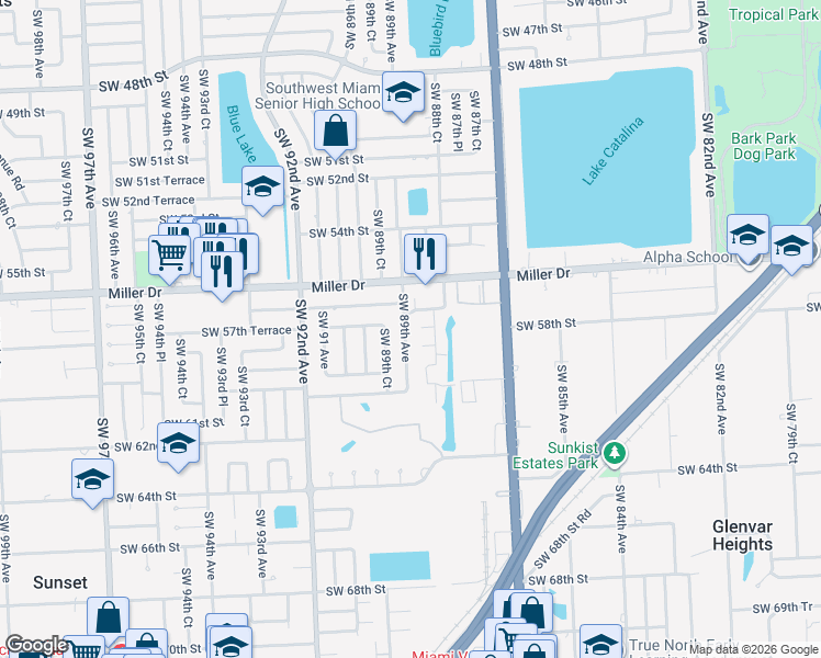 map of restaurants, bars, coffee shops, grocery stores, and more near 5865 Southwest 89th Avenue in Miami