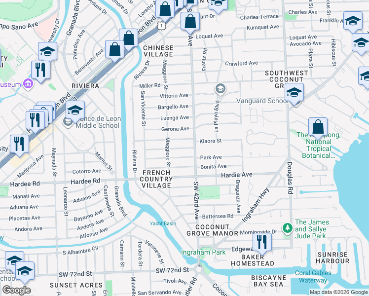 map of restaurants, bars, coffee shops, grocery stores, and more near 421 Savona Avenue in Coral Gables