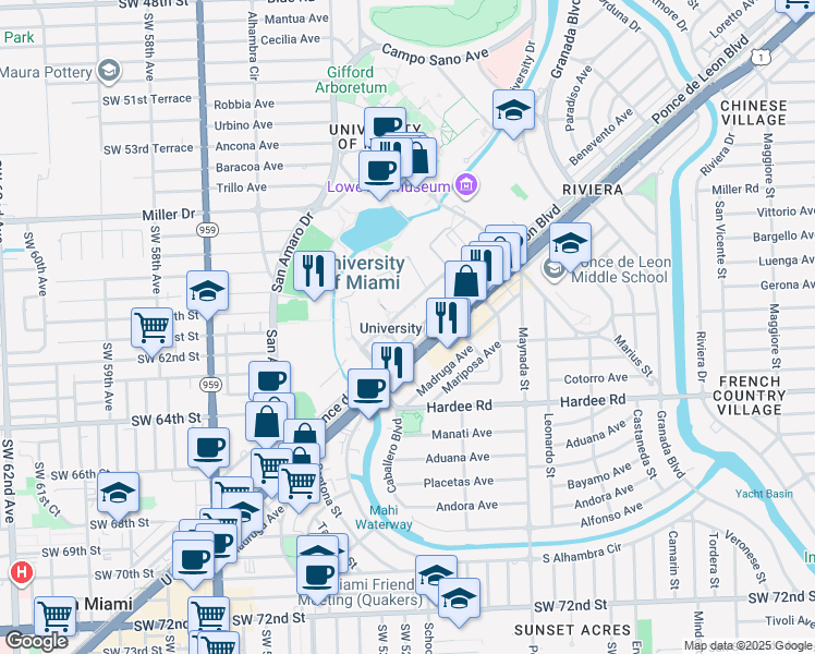 map of restaurants, bars, coffee shops, grocery stores, and more near Dauer Drive in Coral Gables