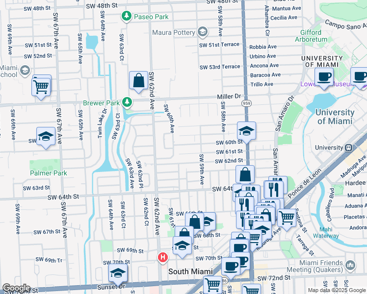 map of restaurants, bars, coffee shops, grocery stores, and more near 6017 Southwest 60th Avenue in South Miami