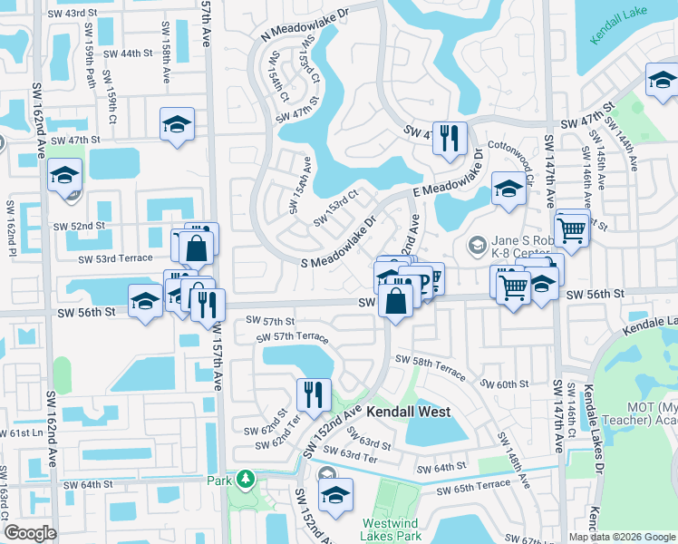 map of restaurants, bars, coffee shops, grocery stores, and more near 15367 Southwest 55th Terrace in Miami