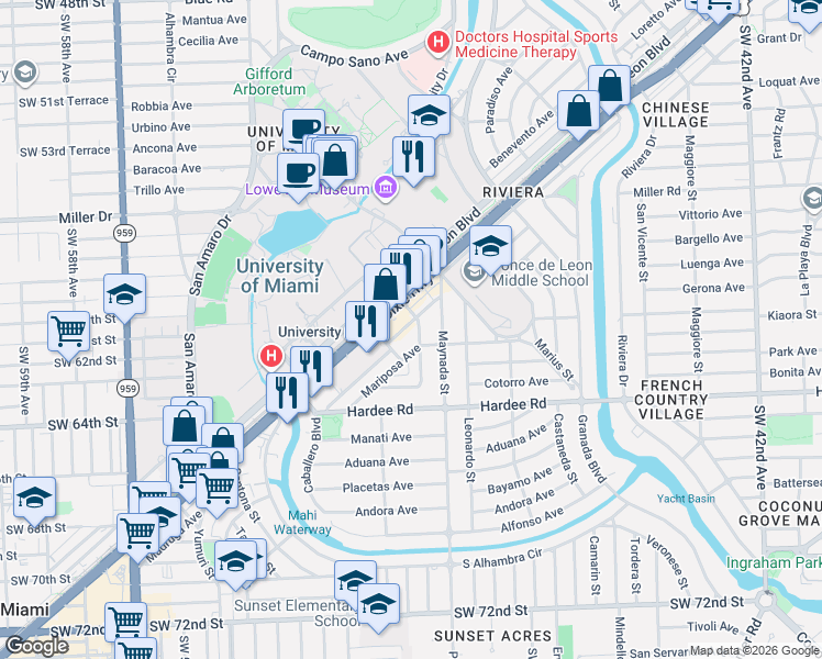 map of restaurants, bars, coffee shops, grocery stores, and more near 5830 Maynada Street in Coral Gables