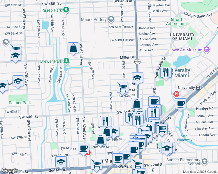 map of restaurants, bars, coffee shops, grocery stores, and more near 5921 Southwest 61st Street in South Miami