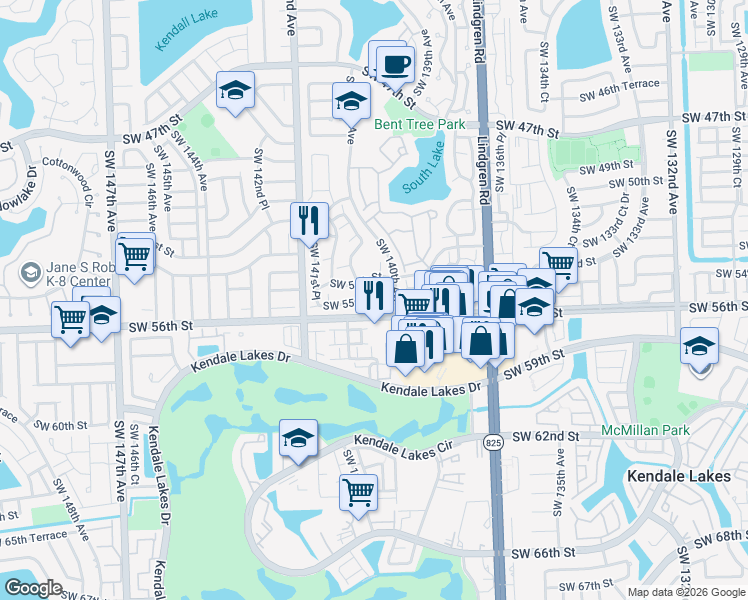 map of restaurants, bars, coffee shops, grocery stores, and more near 14015 Southwest 55th Street in Miami