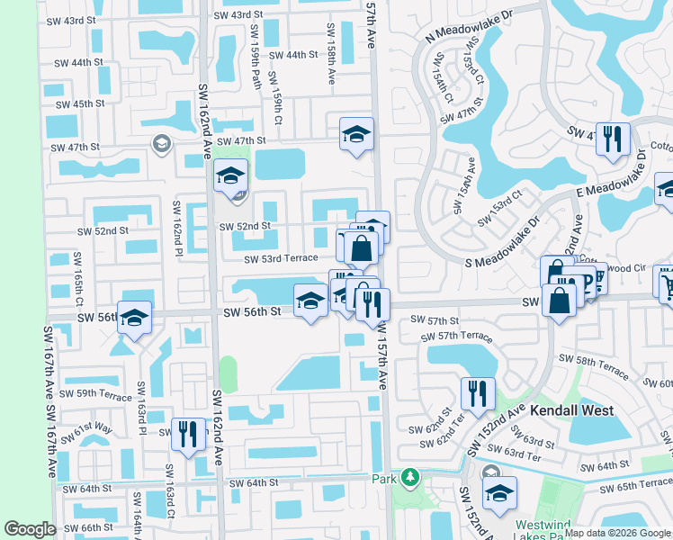 map of restaurants, bars, coffee shops, grocery stores, and more near 5472 Southwest 158th Court in Miami