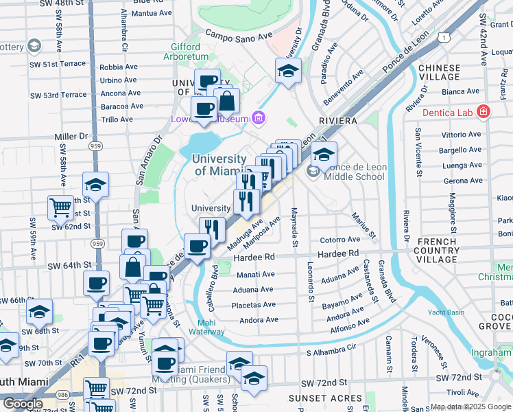 map of restaurants, bars, coffee shops, grocery stores, and more near 1190 South Dixie Highway in Coral Gables
