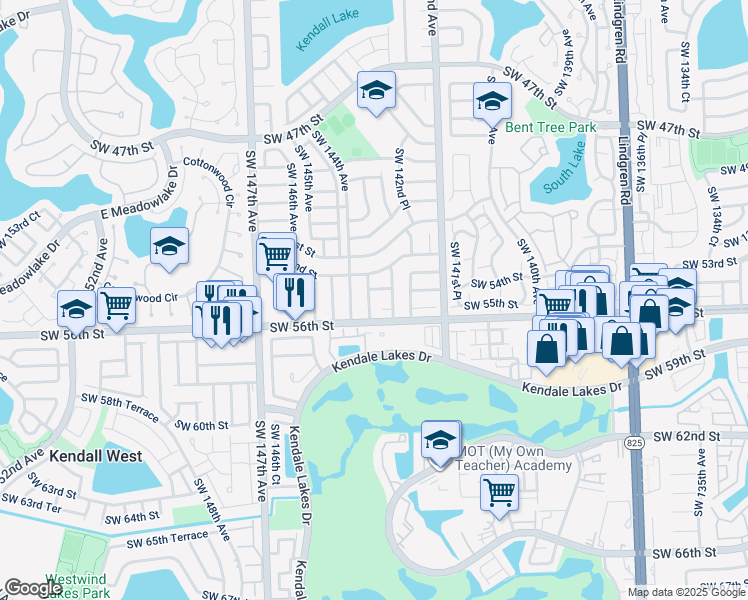 map of restaurants, bars, coffee shops, grocery stores, and more near 14300 Southwest 55th Street in Miami