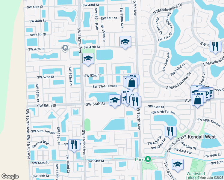 map of restaurants, bars, coffee shops, grocery stores, and more near 15891 Southwest 54th Terrace in Miami