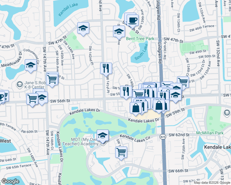 map of restaurants, bars, coffee shops, grocery stores, and more near 5504 Southwest 140th Place in Miami