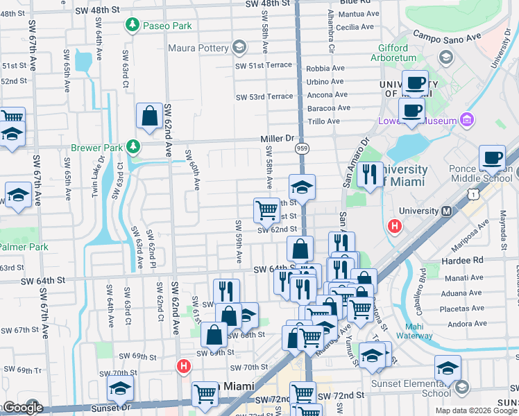 map of restaurants, bars, coffee shops, grocery stores, and more near 5855 Southwest 61st Street in Miami