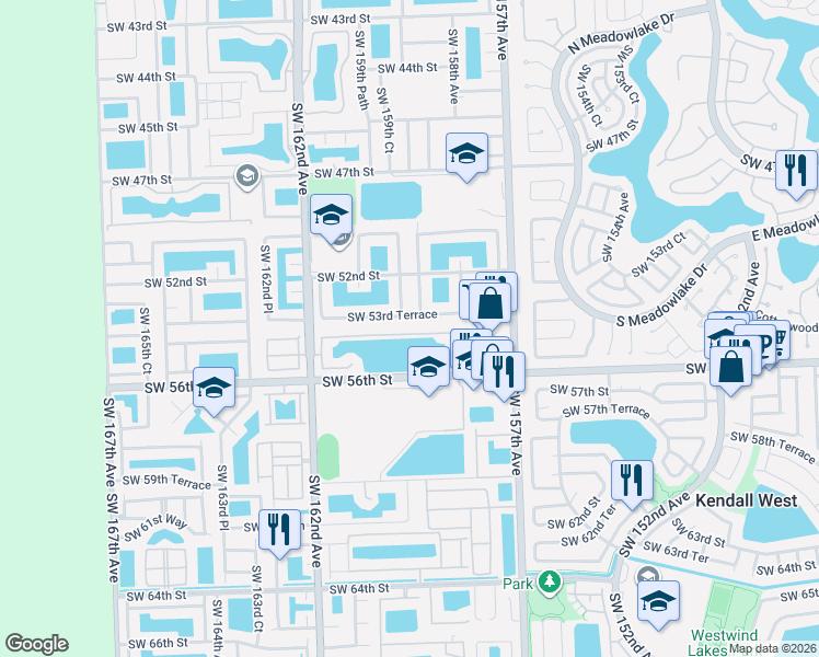 map of restaurants, bars, coffee shops, grocery stores, and more near 15891 Southwest 54th Terrace in Miami