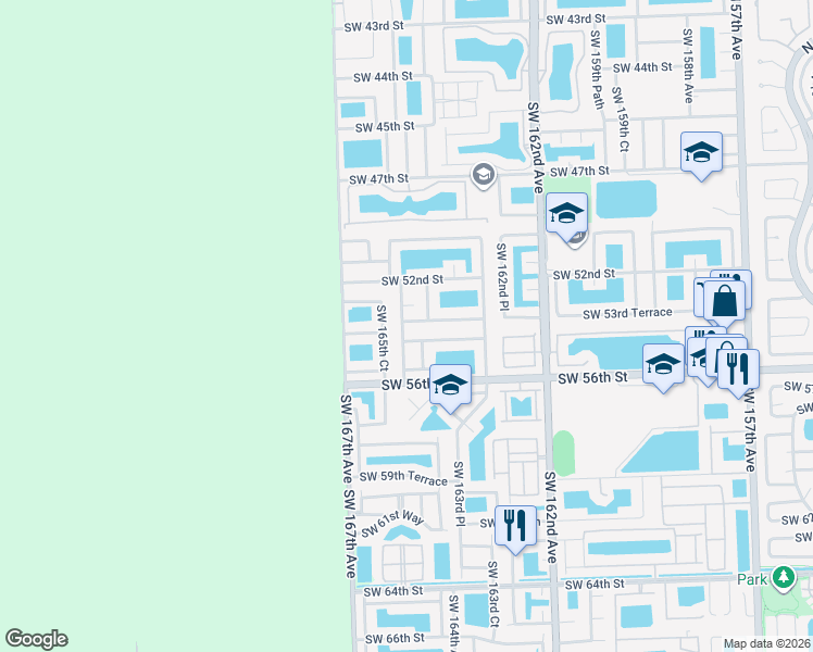 map of restaurants, bars, coffee shops, grocery stores, and more near 16445 Southwest 54th Terrace in Miami