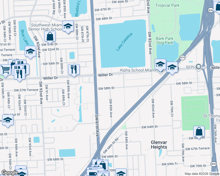 map of restaurants, bars, coffee shops, grocery stores, and more near 5252 Southwest 85th Avenue in Miami