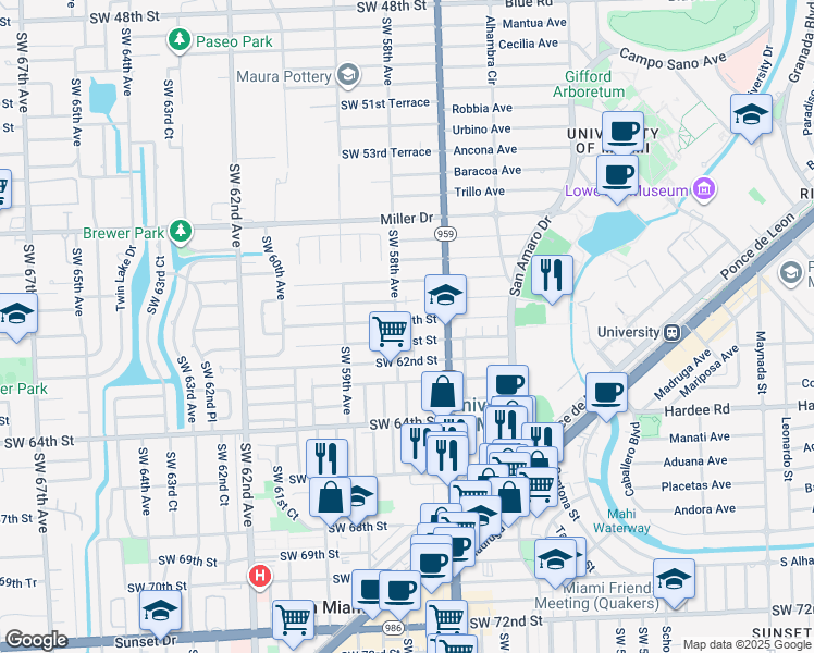 map of restaurants, bars, coffee shops, grocery stores, and more near 5782 Southwest 61st Street in Miami