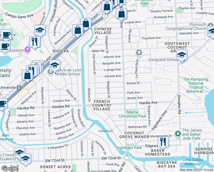 map of restaurants, bars, coffee shops, grocery stores, and more near 5900 Maggiore Street in Coral Gables