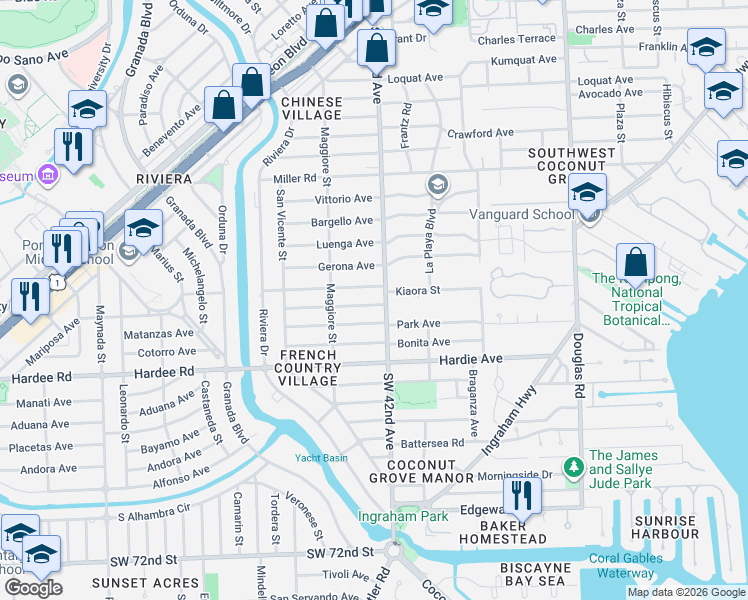 map of restaurants, bars, coffee shops, grocery stores, and more near 421 Savona Avenue in Coral Gables