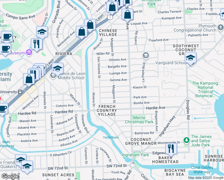 map of restaurants, bars, coffee shops, grocery stores, and more near 5900 Maggiore Street in Coral Gables