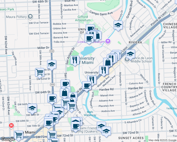map of restaurants, bars, coffee shops, grocery stores, and more near Dauer Drive in Coral Gables