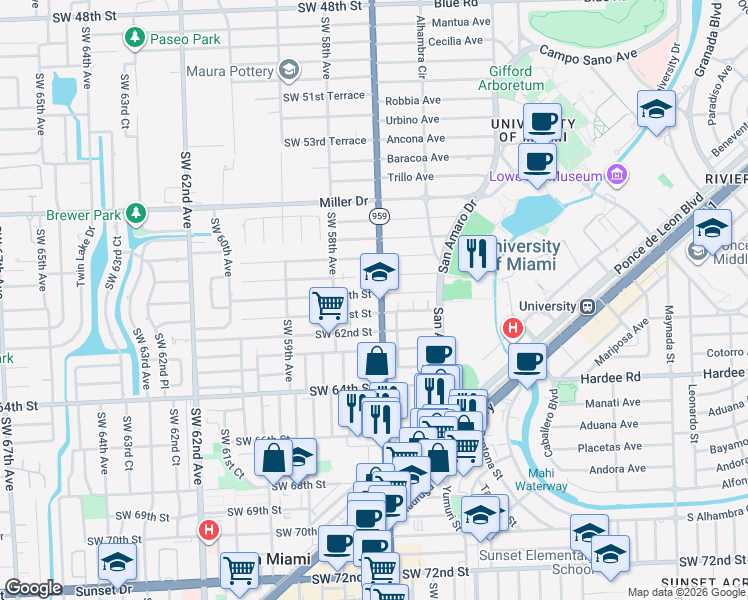 map of restaurants, bars, coffee shops, grocery stores, and more near 6100 Southwest 57th Avenue in Miami
