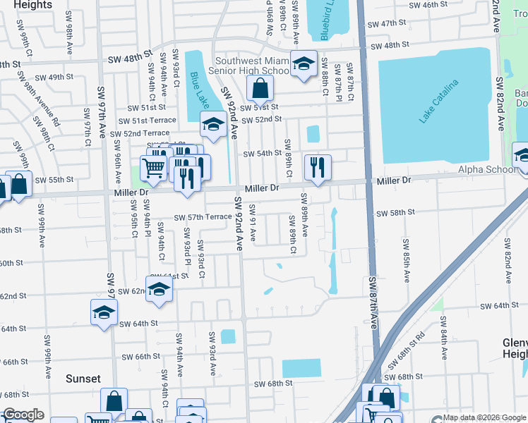 map of restaurants, bars, coffee shops, grocery stores, and more near 5800 Southwest 90th Court in Miami