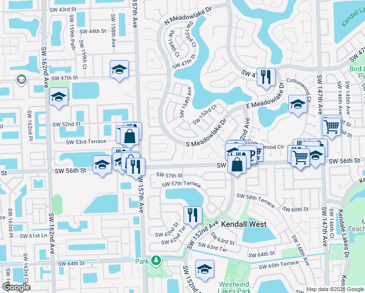 map of restaurants, bars, coffee shops, grocery stores, and more near 5514 Southwest 154th Place in Miami