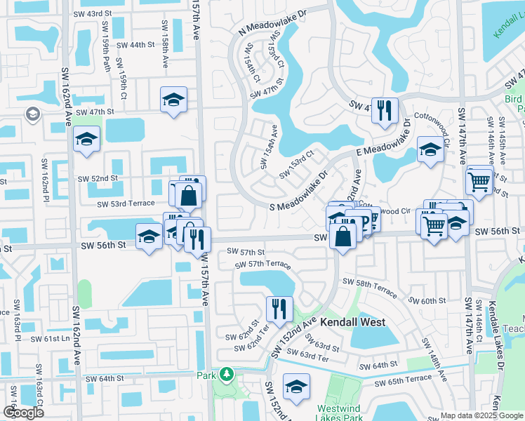 map of restaurants, bars, coffee shops, grocery stores, and more near 5514 Southwest 154th Place in Miami