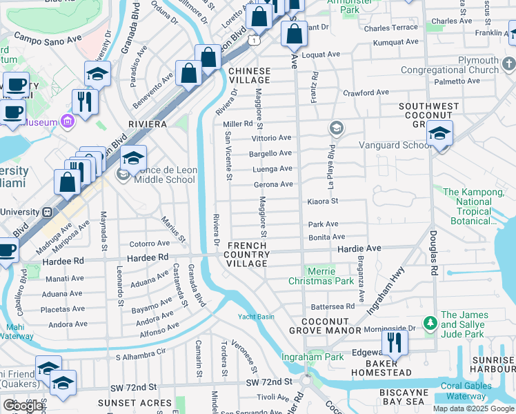map of restaurants, bars, coffee shops, grocery stores, and more near 5900 Maggiore Street in Coral Gables
