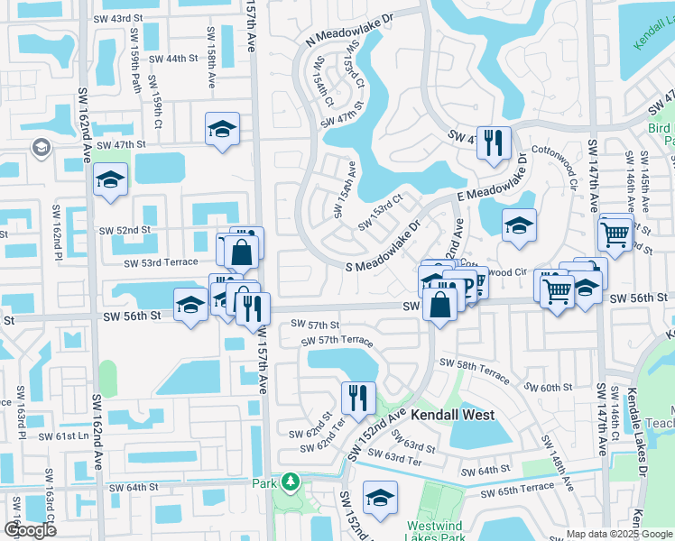 map of restaurants, bars, coffee shops, grocery stores, and more near 5514 Southwest 154th Place in Miami