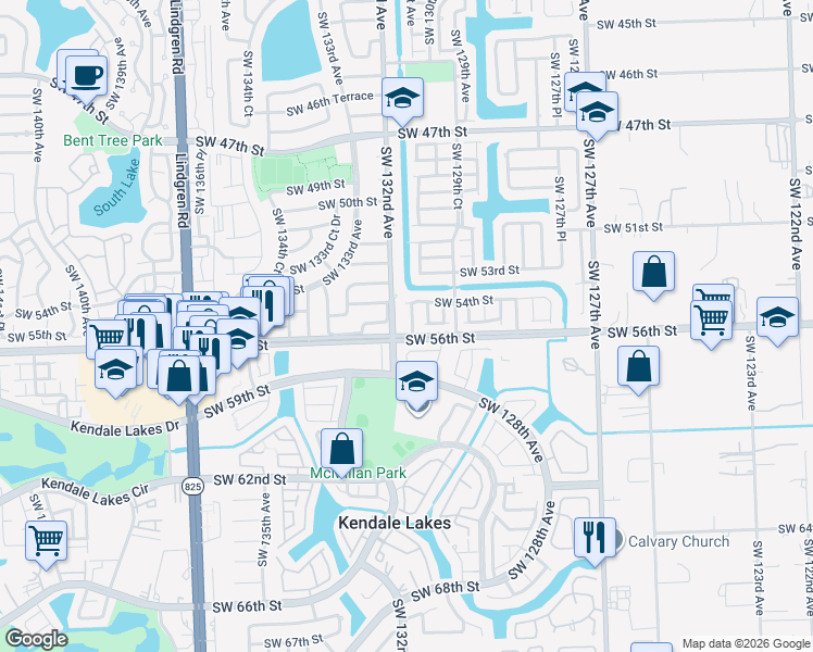 map of restaurants, bars, coffee shops, grocery stores, and more near 13061 Southwest 56th Terrace in Miami