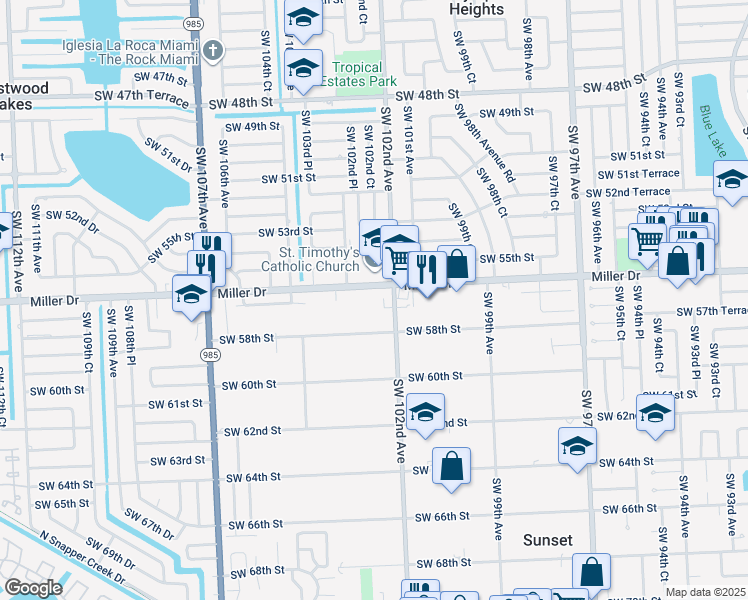 map of restaurants, bars, coffee shops, grocery stores, and more near 10241 Southwest 58th Street in Miami