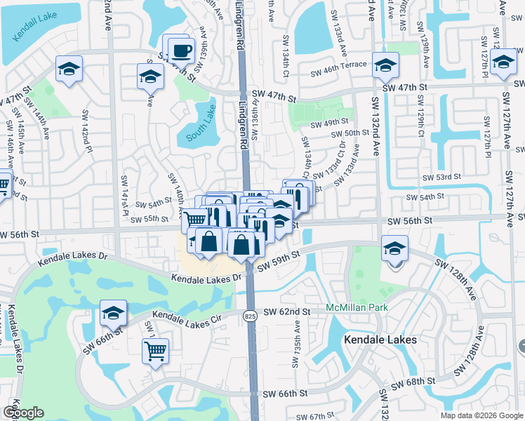 map of restaurants, bars, coffee shops, grocery stores, and more near 5314 Southwest 135th Court in Miami