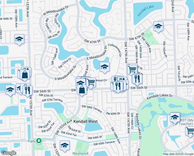 map of restaurants, bars, coffee shops, grocery stores, and more near 5320 Southwest 149th Place in Miami