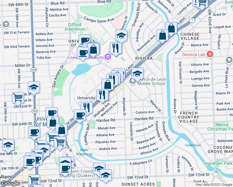 map of restaurants, bars, coffee shops, grocery stores, and more near 1121 Madruga Avenue in Coral Gables