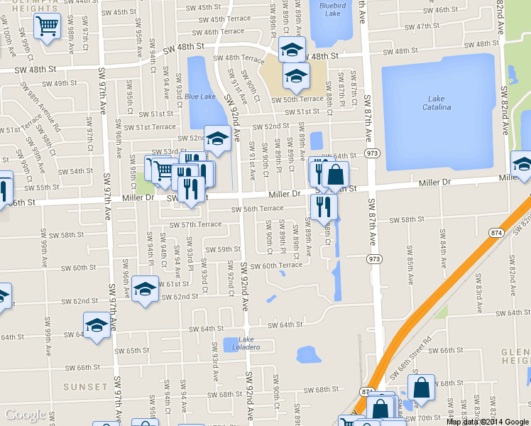 map of restaurants, bars, coffee shops, grocery stores, and more near 9004 Southwest 56th Street in Miami