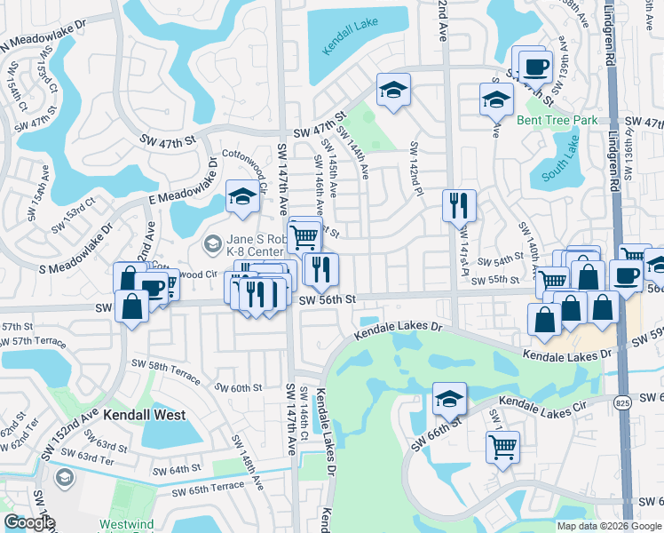 map of restaurants, bars, coffee shops, grocery stores, and more near 14481 Southwest 52nd Street in Miami