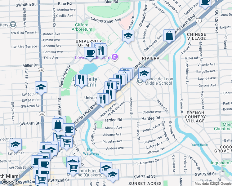 map of restaurants, bars, coffee shops, grocery stores, and more near 2174 M-Path in Coral Gables